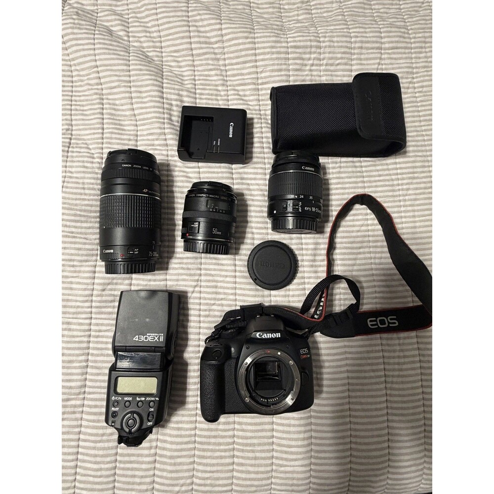 Canon EOS Rebel T6 Digital SLR 3 LENS KIT w/ Charger, Flash,  NO  Battery!!